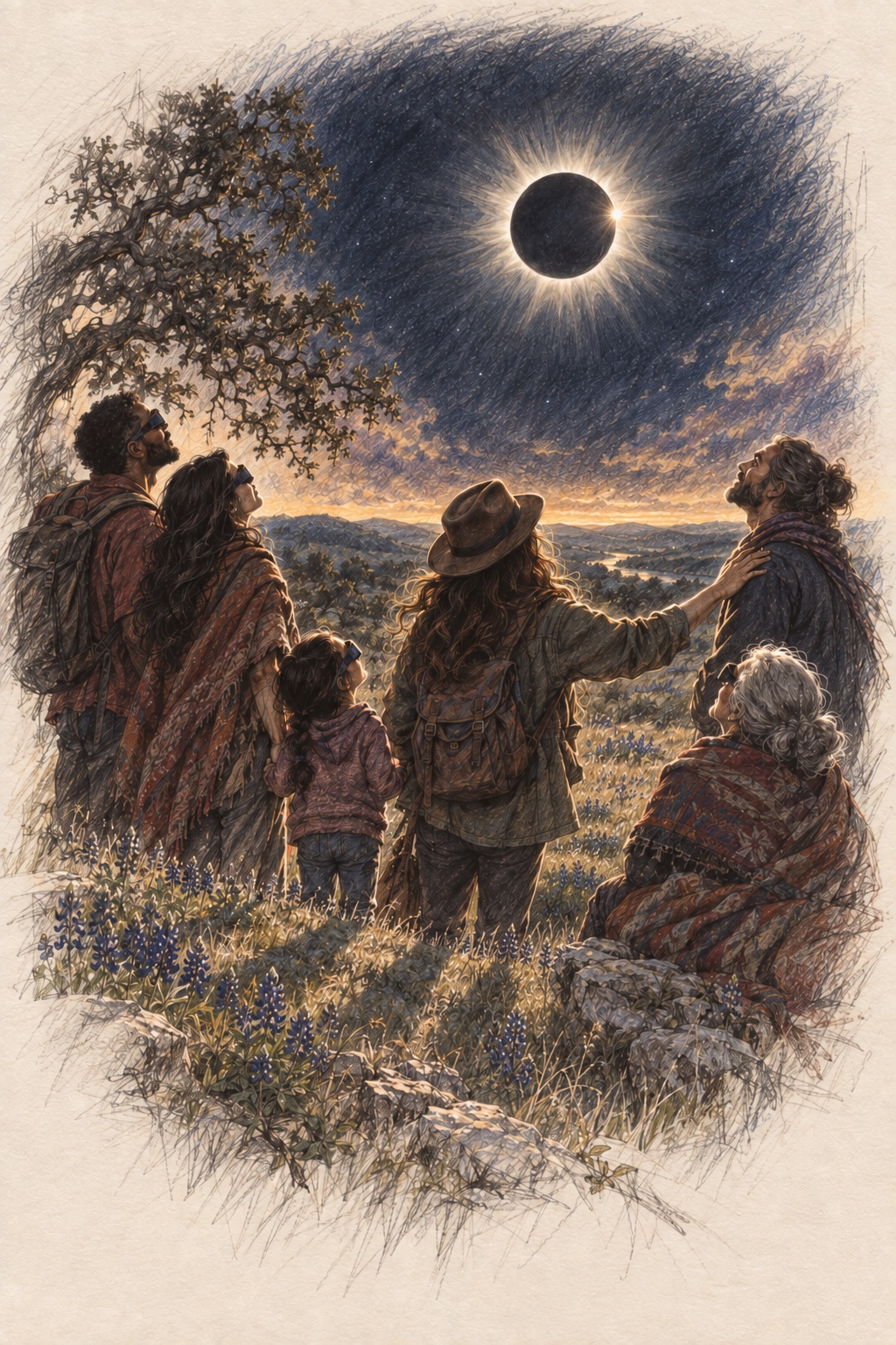 Drawing of a family standing among bluebonnets on a hillside, wearing paper glasses to watch a total eclipse