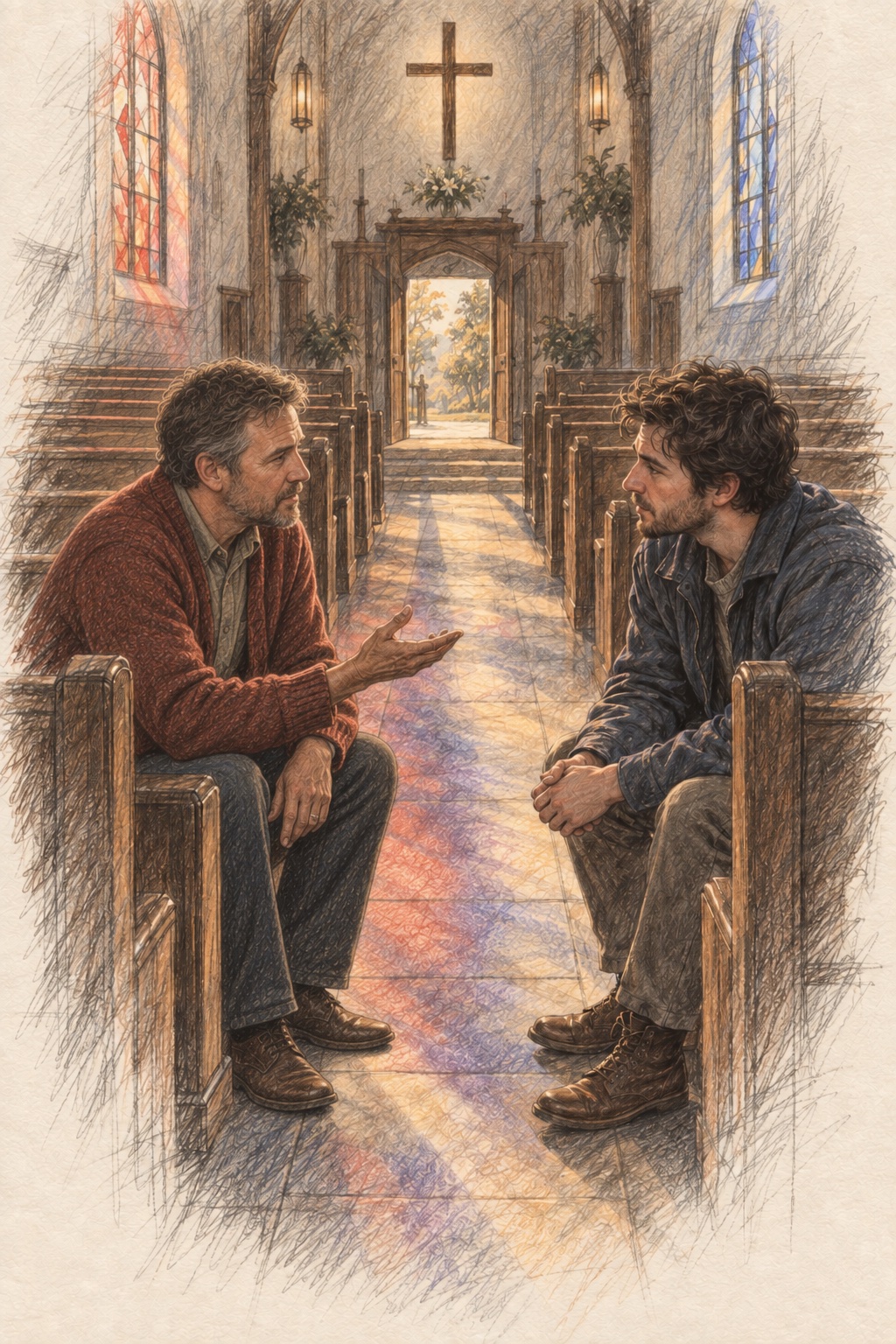 Drawing of two men seated at the ends of facing pews in an empty sanctuary, talking