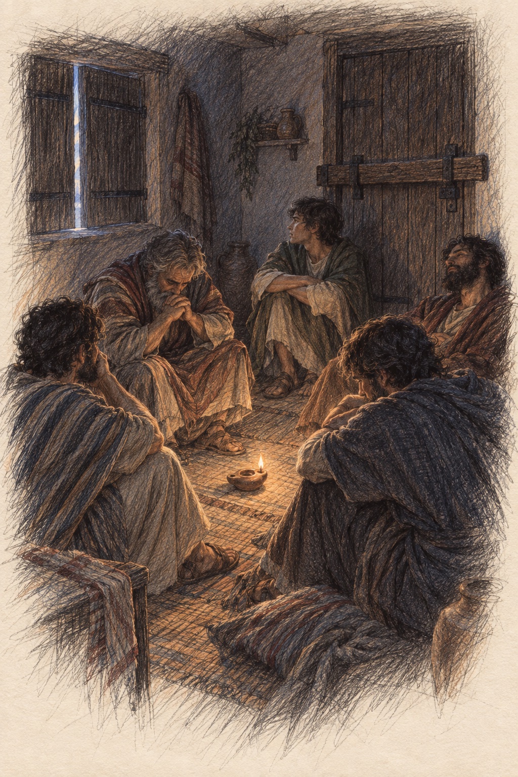 Drawing of disciples sitting in silence around a single oil lamp in a shuttered room, the door barred