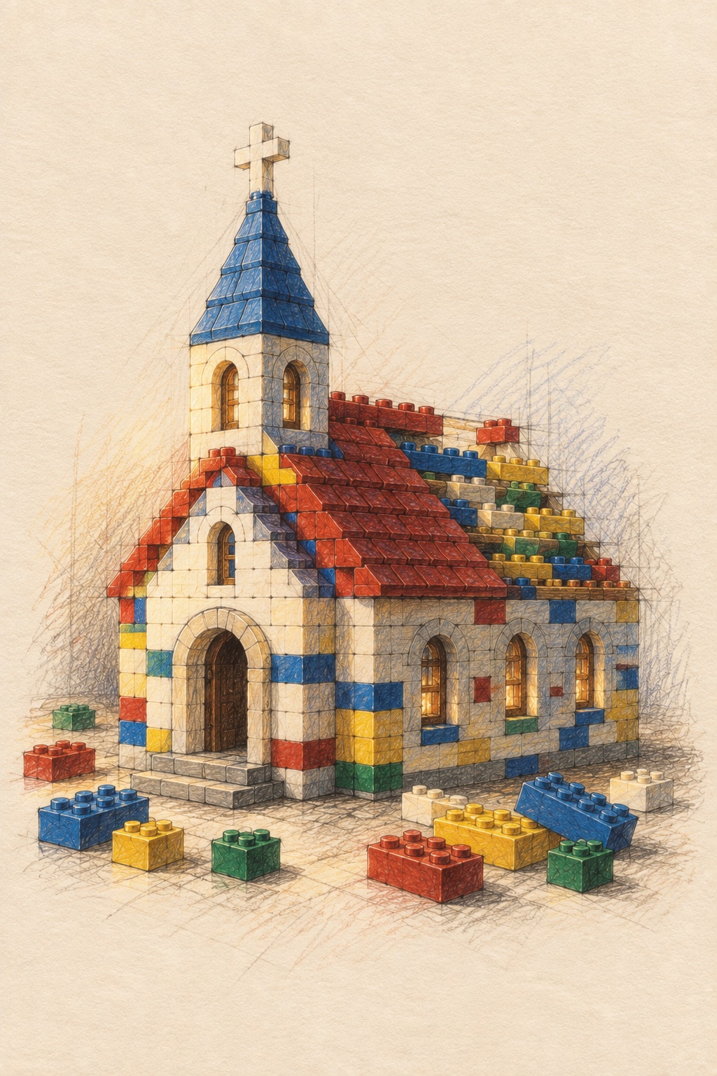 Drawing of a small church built from toy building bricks, with loose bricks scattered on the floor around it