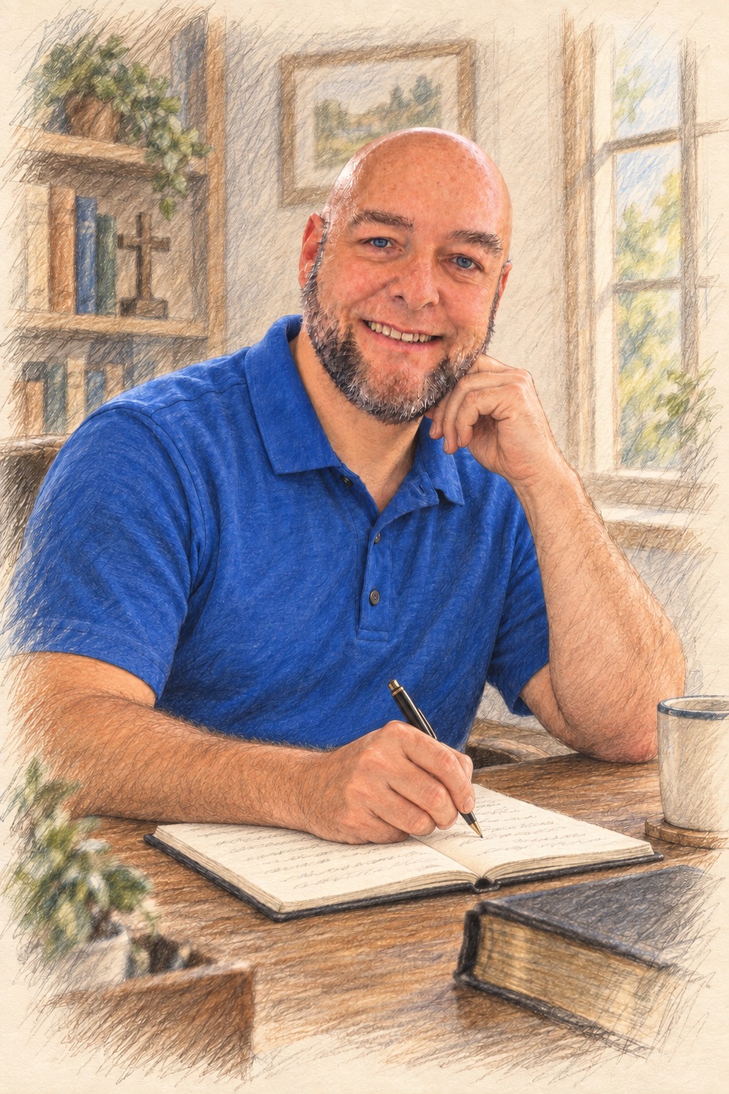 Drawing of the Rev. Dr. Jonathan Mellette at his desk, pen in hand over an open notebook
