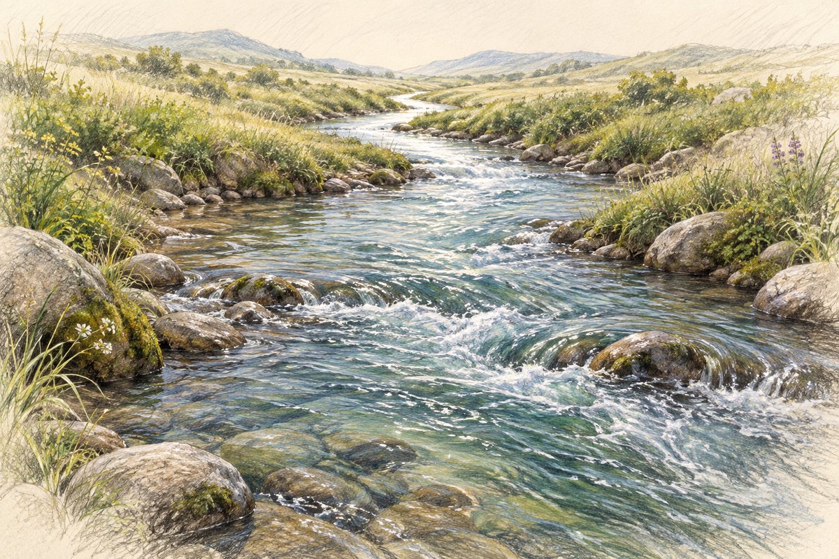 Drawing of a river winding out through low hills and open grassland