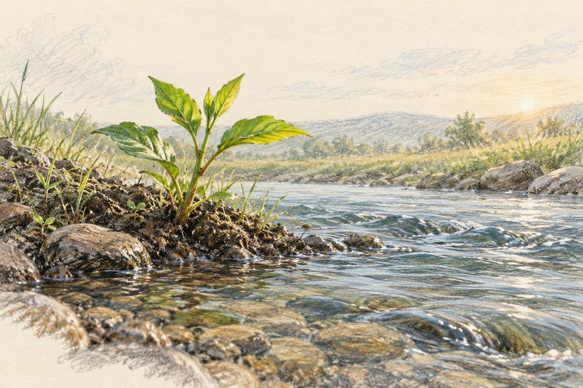 Drawing of a seedling rooted on a riverbank at sunrise, the water running past