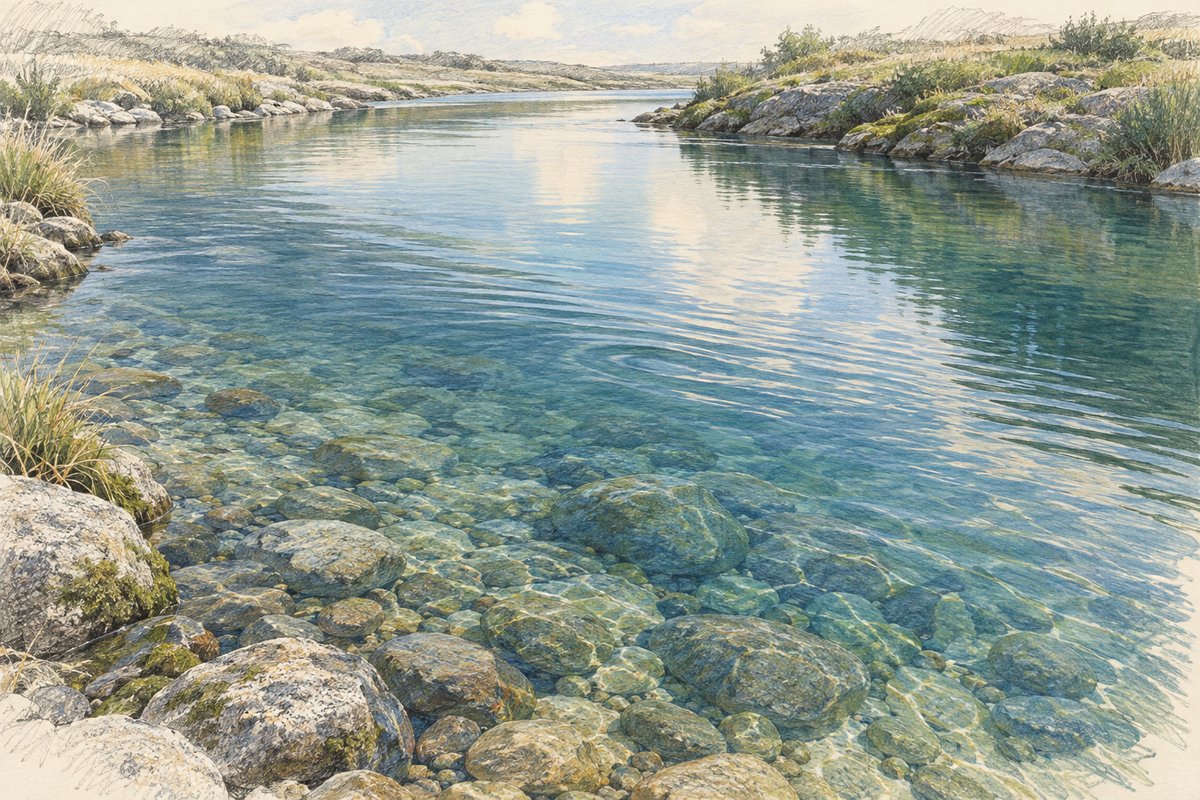 Drawing of a clear river running over green stones between grassy banks